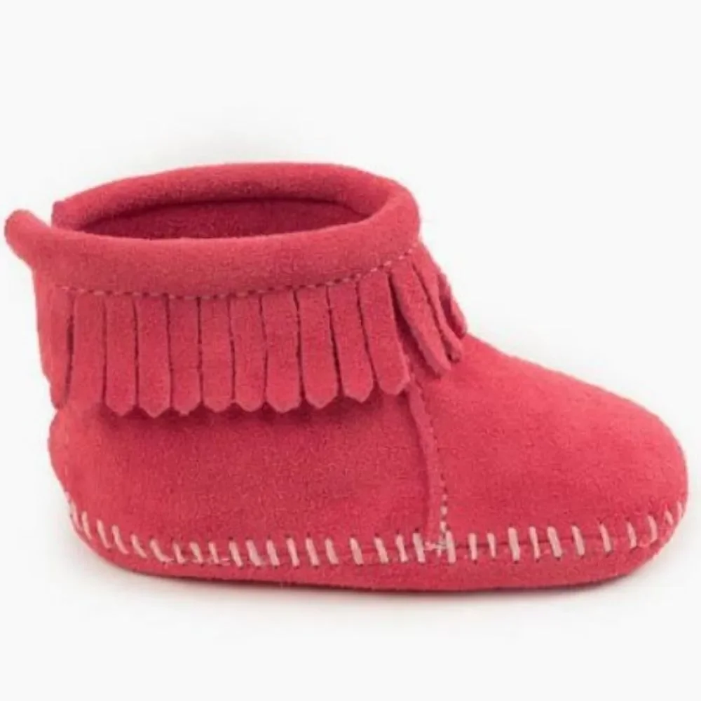 Minnetonka Fringe Moccasins Back Flap Bootie Hot Pink 1